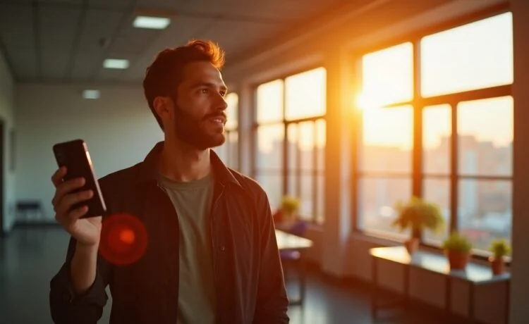 In einem hell erleuchteten, modernen Büro strahlt ein aktiv wirkender Aktivist vertrauensvoll mit einem glänzenden iPhone 17 in der Hand, umgeben von warmem Tageslicht, das Hoffnung und digitale Sicherheit symbolisiert.
