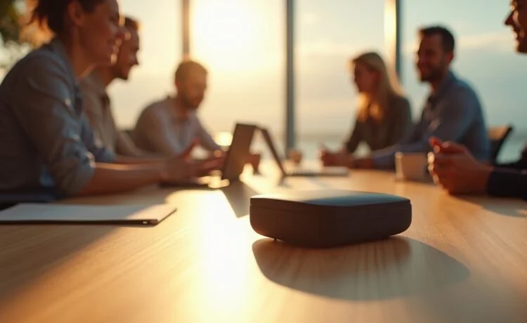 Ein strahlendes, moderner Büroarbeitsplatz mit warmem Tageslicht, auf dem eine Apple Vision Pro mit dem weich gestrickten Dual Loop Band sanft auf einer eleganten Holzoberfläche liegt, umgeben von entspannten Menschen, die neugierig und begeistert die neue Technologie ansehen – einladend, realistisch und atmosphärisch hell inszeniert.