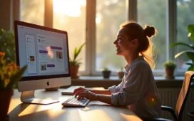 Ein heller, modern eingerichteter Arbeitsplatz, an dem eine junge Entwicklerin entspannt mit freundlichem Lächeln vor einem großen Bildschirm sitzt, auf dem lebendige App-Interfaces zu sehen sind, während warme Sonnenstrahlen durch ein Fenster hereinfallen und die Atmosphäre eines zukunftsweisenden, technologiegetriebenen Miteinanders voller Optimismus einfangen.