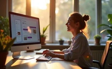 Ein heller, modern eingerichteter Arbeitsplatz, an dem eine junge Entwicklerin entspannt mit freundlichem Lächeln vor einem großen Bildschirm sitzt, auf dem lebendige App-Interfaces zu sehen sind, während warme Sonnenstrahlen durch ein Fenster hereinfallen und die Atmosphäre eines zukunftsweisenden, technologiegetriebenen Miteinanders voller Optimismus einfangen.