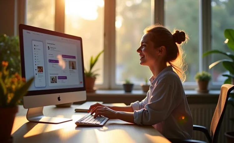 Ein heller, modern eingerichteter Arbeitsplatz, an dem eine junge Entwicklerin entspannt mit freundlichem Lächeln vor einem großen Bildschirm sitzt, auf dem lebendige App-Interfaces zu sehen sind, während warme Sonnenstrahlen durch ein Fenster hereinfallen und die Atmosphäre eines zukunftsweisenden, technologiegetriebenen Miteinanders voller Optimismus einfangen.