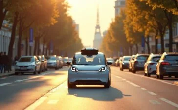 Eine strahlend helle, realistische Aufnahme einer modernen Stadtstraße bei Tageslicht, auf der ein futuristisches, autonom fahrendes Fahrzeug ruhig und sicher zwischen Passanten und herkömmlichen Autos navigiert, umgeben von freundlichen Gesichtern und natürlichem, warmem Sonnenlicht, das eine Atmosphäre von Vertrauen und Fortschritt schafft.