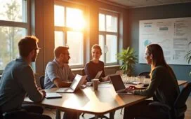 Ein sonnendurchflutetes, modernes Büro mit fokussiertem Team bei strategischer Besprechung, umgeben von Laptops und Analysediagrammen, das warme Atmosphäre und professionelle Sorgfalt im nachhaltigen Linkaufbau symbolisiert.