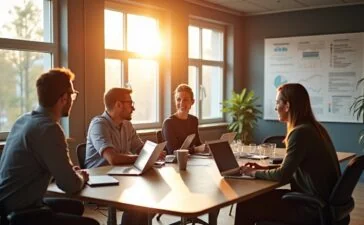 Ein sonnendurchflutetes, modernes Büro mit fokussiertem Team bei strategischer Besprechung, umgeben von Laptops und Analysediagrammen, das warme Atmosphäre und professionelle Sorgfalt im nachhaltigen Linkaufbau symbolisiert.