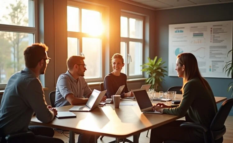 Ein sonnendurchflutetes, modernes Büro mit fokussiertem Team bei strategischer Besprechung, umgeben von Laptops und Analysediagrammen, das warme Atmosphäre und professionelle Sorgfalt im nachhaltigen Linkaufbau symbolisiert.