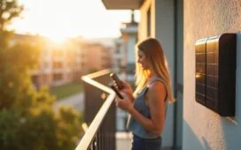 Ein strahlender urbaner Balkon im hellen Tageslicht mit einem modernen Mini-Photovoltaikmodul, das harmonisch in ein gemütliches Wohndesign integriert ist, während eine entspannte Person im Hintergrund mit Smartphone die Anlage kontrolliert – ein einladendes Bild, das den warmen Zusammenhalt von nachhaltiger Energie und digitaler Sicherheit im Smart Grid symbolisiert.