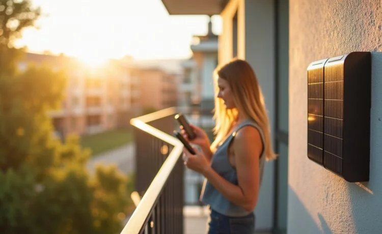 Ein strahlender urbaner Balkon im hellen Tageslicht mit einem modernen Mini-Photovoltaikmodul, das harmonisch in ein gemütliches Wohndesign integriert ist, während eine entspannte Person im Hintergrund mit Smartphone die Anlage kontrolliert – ein einladendes Bild, das den warmen Zusammenhalt von nachhaltiger Energie und digitaler Sicherheit im Smart Grid symbolisiert.