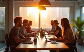 In einem hell erleuchteten, modernen Büro sitzen engagierte Entwickler und Designer gemeinsam an Laptops, tauschen lächelnd Ideen aus und arbeiten konzentriert an barrierefreien Webdesign-Konzepten, während natürliche Sonnenstrahlen durch große Fenster fallen und eine warme, einladende Atmosphäre schaffen.