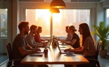 In einem hell erleuchteten, modernen Büro sitzen engagierte Entwickler und Designer gemeinsam an Laptops, tauschen lächelnd Ideen aus und arbeiten konzentriert an barrierefreien Webdesign-Konzepten, während natürliche Sonnenstrahlen durch große Fenster fallen und eine warme, einladende Atmosphäre schaffen.