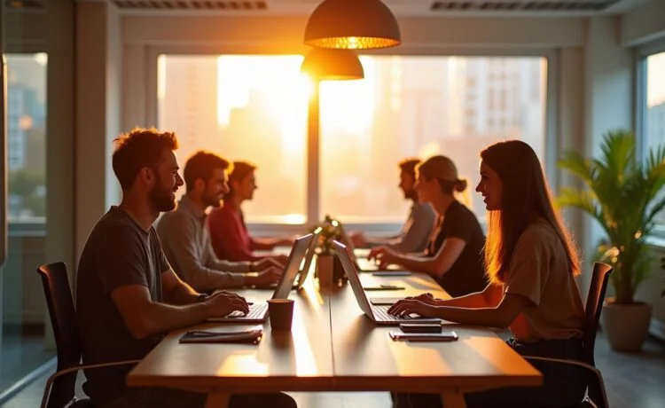 In einem hell erleuchteten, modernen Büro sitzen engagierte Entwickler und Designer gemeinsam an Laptops, tauschen lächelnd Ideen aus und arbeiten konzentriert an barrierefreien Webdesign-Konzepten, während natürliche Sonnenstrahlen durch große Fenster fallen und eine warme, einladende Atmosphäre schaffen.