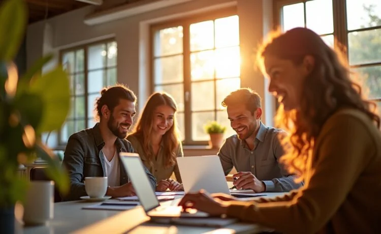 Ein warm beleuchtetes, modernes Büro mit einem interdisziplinären Team, das bei natürlichem Tageslicht konzentriert an barrierefreien Webdesign-Elementen arbeitet, wobei helle Farben, freundliche Gesichter und authentische Details den inklusiven, kollaborativen Geist der digitalen Barrierefreiheit widerspiegeln.