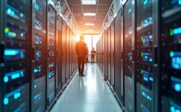 Ein strahlendes, modern gestaltetes Rechenzentrum in Garching bei München, das bei sanftem Tageslicht von Mitarbeitenden umgeben ist, die konzentriert in lebendiger, kollegialer Atmosphäre mit leistungsstarker Hightech-Computerhardware arbeiten und so den Aufbruch in Bayerns digitale Zukunft voller Innovation, Wärme und Fortschritt symbolisieren.