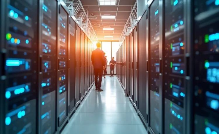 Ein strahlendes, modern gestaltetes Rechenzentrum in Garching bei München, das bei sanftem Tageslicht von Mitarbeitenden umgeben ist, die konzentriert in lebendiger, kollegialer Atmosphäre mit leistungsstarker Hightech-Computerhardware arbeiten und so den Aufbruch in Bayerns digitale Zukunft voller Innovation, Wärme und Fortschritt symbolisieren.