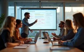 Ein strahlend helles, natürlich beleuchtetes Foto eines dynamischen Entwicklerteams in einem modernen Büro, das konzentriert über einen digitalen Projektplan auf einem großen Bildschirm diskutiert, umgeben von Notizen und Laptops, mit freundlichen Mienen und lebendiger, warmer Atmosphäre, die den Erfolg und die kollaborative Freude an der Wahl des richtigen Frameworks widerspiegelt.