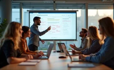 Ein strahlend helles, natürlich beleuchtetes Foto eines dynamischen Entwicklerteams in einem modernen Büro, das konzentriert über einen digitalen Projektplan auf einem großen Bildschirm diskutiert, umgeben von Notizen und Laptops, mit freundlichen Mienen und lebendiger, warmer Atmosphäre, die den Erfolg und die kollaborative Freude an der Wahl des richtigen Frameworks widerspiegelt.