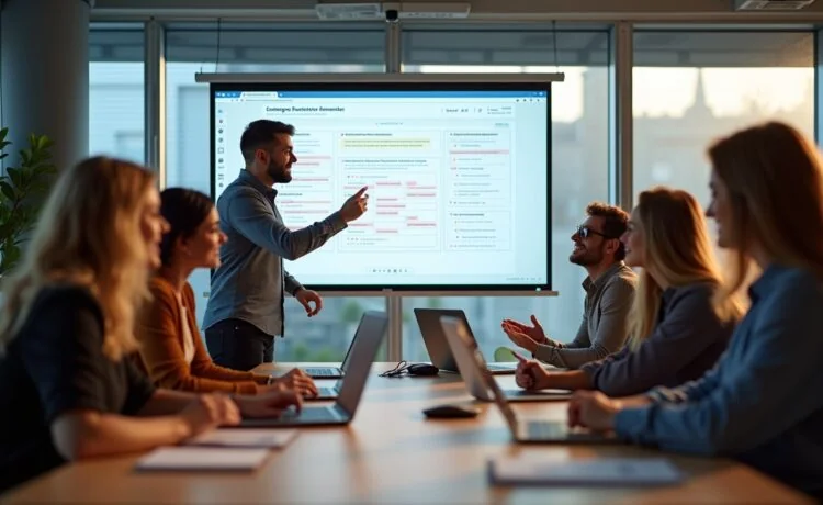 Ein strahlend helles, natürlich beleuchtetes Foto eines dynamischen Entwicklerteams in einem modernen Büro, das konzentriert über einen digitalen Projektplan auf einem großen Bildschirm diskutiert, umgeben von Notizen und Laptops, mit freundlichen Mienen und lebendiger, warmer Atmosphäre, die den Erfolg und die kollaborative Freude an der Wahl des richtigen Frameworks widerspiegelt.