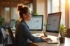 Ein modernes, lichtdurchflutetes Büro mit warmen Holztönen, wo eine engagierte Webdesignerin entspannt vor einem großen Bildschirm sitzt und konzentriert an einem klar strukturierten, KI-optimierten Website-Layout arbeitet – natürliche Sonnenstrahlen fallen sanft auf ihren freundlichen Gesichtsausdruck und die detailreiche, realistische Umgebung, die technische Innovation und menschliche Kreativität harmonisch verbindet.
