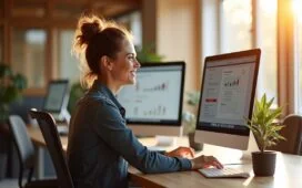 Ein modernes, lichtdurchflutetes Büro mit warmen Holztönen, wo eine engagierte Webdesignerin entspannt vor einem großen Bildschirm sitzt und konzentriert an einem klar strukturierten, KI-optimierten Website-Layout arbeitet – natürliche Sonnenstrahlen fallen sanft auf ihren freundlichen Gesichtsausdruck und die detailreiche, realistische Umgebung, die technische Innovation und menschliche Kreativität harmonisch verbindet.