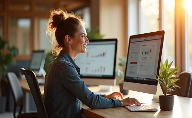 Ein modernes, lichtdurchflutetes Büro mit warmen Holztönen, wo eine engagierte Webdesignerin entspannt vor einem großen Bildschirm sitzt und konzentriert an einem klar strukturierten, KI-optimierten Website-Layout arbeitet – natürliche Sonnenstrahlen fallen sanft auf ihren freundlichen Gesichtsausdruck und die detailreiche, realistische Umgebung, die technische Innovation und menschliche Kreativität harmonisch verbindet.