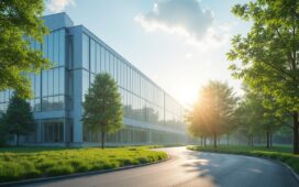 Strahlend sonnenbeschienene, moderne Rechenzentrumsfassade an einem klaren Tag, umgeben von grünen Bäumen und sanftem Blauraum, die Harmonie von digitaler Innovation und nachhaltiger Natur ausstrahlend.