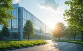 Strahlend sonnenbeschienene, moderne Rechenzentrumsfassade an einem klaren Tag, umgeben von grünen Bäumen und sanftem Blauraum, die Harmonie von digitaler Innovation und nachhaltiger Natur ausstrahlend.