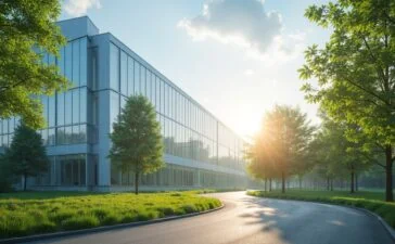 Strahlend sonnenbeschienene, moderne Rechenzentrumsfassade an einem klaren Tag, umgeben von grünen Bäumen und sanftem Blauraum, die Harmonie von digitaler Innovation und nachhaltiger Natur ausstrahlend.