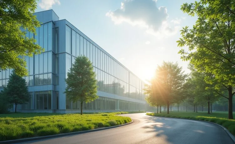 Strahlend sonnenbeschienene, moderne Rechenzentrumsfassade an einem klaren Tag, umgeben von grünen Bäumen und sanftem Blauraum, die Harmonie von digitaler Innovation und nachhaltiger Natur ausstrahlend.