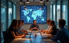 In einem hell erleuchteten, modernen Büro mit natürlichem Sonnenlicht tauschen diverse Fachkräfte in lebendiger Atmosphäre Ideen aus, während auf einem großen Bildschirm im Hintergrund schematische, digitale Vernetzungen symbolisch die Blockchain-Technologie als verbindendes, innovatives Fundament für zukunftsweisende Geschäftsanwendungen jenseits von Kryptowährungen visualisieren.