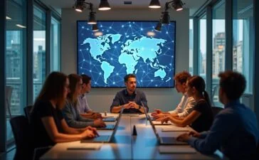 In einem hell erleuchteten, modernen Büro mit natürlichem Sonnenlicht tauschen diverse Fachkräfte in lebendiger Atmosphäre Ideen aus, während auf einem großen Bildschirm im Hintergrund schematische, digitale Vernetzungen symbolisch die Blockchain-Technologie als verbindendes, innovatives Fundament für zukunftsweisende Geschäftsanwendungen jenseits von Kryptowährungen visualisieren.