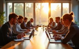 Ein hell erleuchteter, moderner Konferenzraum mit engagierten mittelständischen Unternehmern in entspannter Atmosphäre, die gemeinsam an digitalen Tablets und Laptops arbeiten, während natürliche Sonnenstrahlen durch große Fenster fallen und eine warme, vertrauensvolle Stimmung erzeugen.