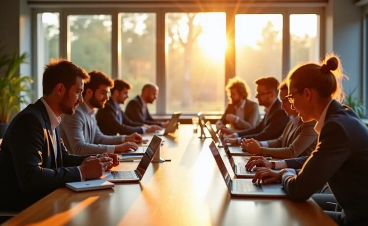 Ein hell erleuchteter, moderner Konferenzraum mit engagierten mittelständischen Unternehmern in entspannter Atmosphäre, die gemeinsam an digitalen Tablets und Laptops arbeiten, während natürliche Sonnenstrahlen durch große Fenster fallen und eine warme, vertrauensvolle Stimmung erzeugen.