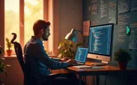 Ein warm beleuchtetes, modernes Büro mit einem konzentrierten Entwickler, der entspannt an seinem Laptop in natürlichem Tageslicht arbeitet, umgeben von technischen Skizzen und einem Bildschirm mit komplexem Programmiercode – ein ruhiger Moment voller Fokus und Effizienz, der den Übergang von klassischer Thread-Programmierung zu asynchronem Boost.Asio symbolisiert.