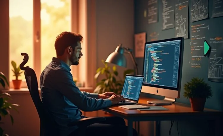 Ein warm beleuchtetes, modernes Büro mit einem konzentrierten Entwickler, der entspannt an seinem Laptop in natürlichem Tageslicht arbeitet, umgeben von technischen Skizzen und einem Bildschirm mit komplexem Programmiercode – ein ruhiger Moment voller Fokus und Effizienz, der den Übergang von klassischer Thread-Programmierung zu asynchronem Boost.Asio symbolisiert.