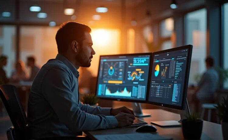 Eine helle, einladende Szene in einem modernen Büro, in dem ein konzentrierter IT-Sicherheitsexperte im warmen Tageslicht vor zwei Bildschirmen mit komplexen Diagrammen und KI-gestützten Analysen sitzt, während im Hintergrund schemenhaft Kolleg:innen im offenen Raum im freundlichen Austausch sind und so die harmonische Zusammenarbeit von menschlichem Know-how und intelligenter Technologie symbolisieren.