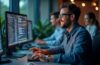 Ein strahlend helles, natürlich beleuchtetes Büro mit einem fokussierten IT-Experten, der lächelnd neben modernen Rechnern sitzt und auf Bildschirme mit komplexen Codes und Sicherheitsdiagrammen blickt – ein Sinnbild für vertrauensvolle Zusammenarbeit und innovative Cybersicherheit in einer warmen, einladenden Atmosphäre.