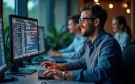 Ein strahlend helles, natürlich beleuchtetes Büro mit einem fokussierten IT-Experten, der lächelnd neben modernen Rechnern sitzt und auf Bildschirme mit komplexen Codes und Sicherheitsdiagrammen blickt – ein Sinnbild für vertrauensvolle Zusammenarbeit und innovative Cybersicherheit in einer warmen, einladenden Atmosphäre.