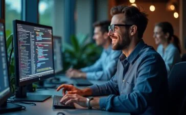 Ein strahlend helles, natürlich beleuchtetes Büro mit einem fokussierten IT-Experten, der lächelnd neben modernen Rechnern sitzt und auf Bildschirme mit komplexen Codes und Sicherheitsdiagrammen blickt – ein Sinnbild für vertrauensvolle Zusammenarbeit und innovative Cybersicherheit in einer warmen, einladenden Atmosphäre.