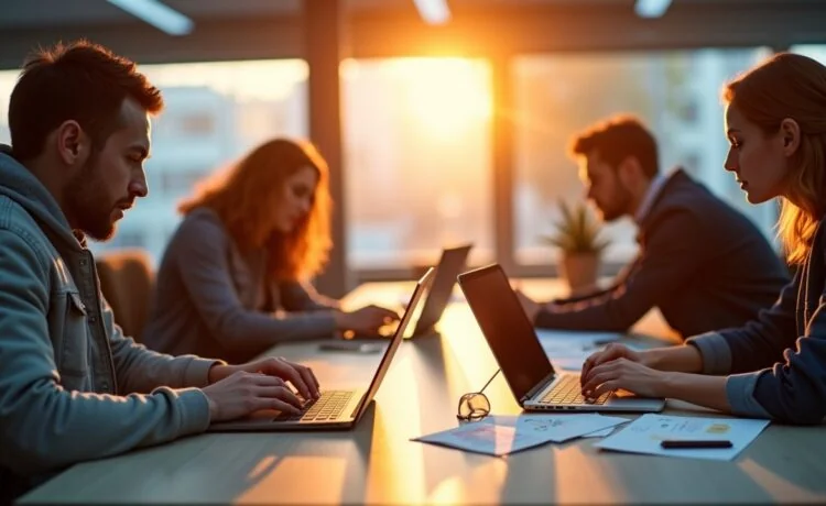 Ein strahlendes, sonnendurchflutetes Entwicklerbüro voller motivierter Programmierer, die mit Laptops und digitalen Skizzen ihre eigenen KI-gestützten Tools gestalten, umgeben von warmem Tageslicht und moderner Technik – ein lebendiges Bild von Innovation und Zusammenarbeit im aufstrebenden ChatGPT-Ökosystem.