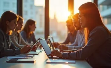 Ein strahlend helles, editorial fotografiertes Bild zeigt eine moderne Büroumgebung mit mehreren konzentrierten Fachleuten, die gemeinsam an digitalen Tablets und Laptops arbeiten, während sanftes Tageslicht durch große Fenster fällt und eine warme, inspirierende Atmosphäre schafft, die den aufstrebenden institutionellen Einzug und das technologische Potenzial von Cardano in der Welt der Blockchain symbolisiert.