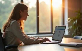 Ein lichtdurchflutetes modernes Arbeitszimmer mit einem aufgeräumten Schreibtisch, auf dem ein eleganter Laptop mit einer offenstehenden ChatGPT-ähnlichen Browser-Oberfläche zu sehen ist, während eine entspannte Person bei natürlichem Tageslicht lächelnd mit der intelligenten KI-Lösung interagiert – ein zeitgemäßes Symbol für die Zukunft des dialogbasierten Surfens.