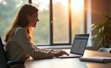 Ein lichtdurchflutetes modernes Arbeitszimmer mit einem aufgeräumten Schreibtisch, auf dem ein eleganter Laptop mit einer offenstehenden ChatGPT-ähnlichen Browser-Oberfläche zu sehen ist, während eine entspannte Person bei natürlichem Tageslicht lächelnd mit der intelligenten KI-Lösung interagiert – ein zeitgemäßes Symbol für die Zukunft des dialogbasierten Surfens.