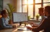 Ein strahlend helles, natürlich belichtetes Büroambiente zeigt ein Team aus Marketing- und IT-Experten in lebhafter Diskussion vor Bildschirmen mit digitaler Markenanalyse, warmes Sonnenlicht flutet den Raum und vermittelt eine einladende, kreative Atmosphäre voller Innovationsgeist und vertrauensvoller Zusammenarbeit.