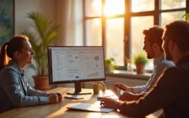 Ein strahlend helles, natürlich belichtetes Büroambiente zeigt ein Team aus Marketing- und IT-Experten in lebhafter Diskussion vor Bildschirmen mit digitaler Markenanalyse, warmes Sonnenlicht flutet den Raum und vermittelt eine einladende, kreative Atmosphäre voller Innovationsgeist und vertrauensvoller Zusammenarbeit.