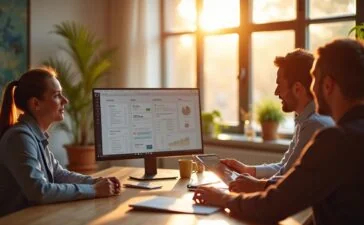 Ein strahlend helles, natürlich belichtetes Büroambiente zeigt ein Team aus Marketing- und IT-Experten in lebhafter Diskussion vor Bildschirmen mit digitaler Markenanalyse, warmes Sonnenlicht flutet den Raum und vermittelt eine einladende, kreative Atmosphäre voller Innovationsgeist und vertrauensvoller Zusammenarbeit.