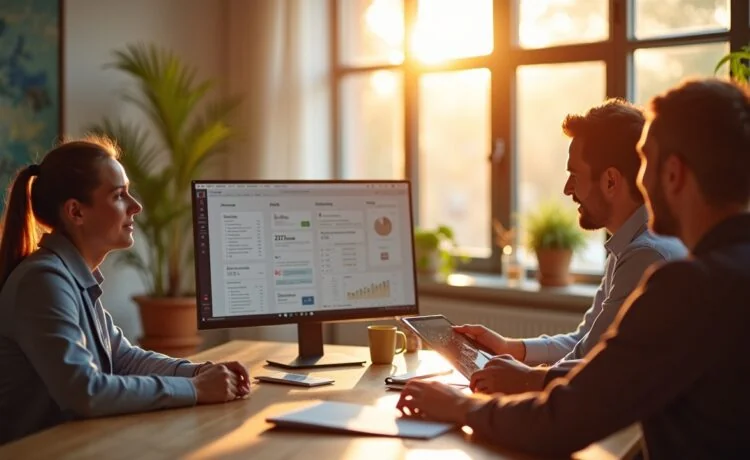 Ein strahlend helles, natürlich belichtetes Büroambiente zeigt ein Team aus Marketing- und IT-Experten in lebhafter Diskussion vor Bildschirmen mit digitaler Markenanalyse, warmes Sonnenlicht flutet den Raum und vermittelt eine einladende, kreative Atmosphäre voller Innovationsgeist und vertrauensvoller Zusammenarbeit.