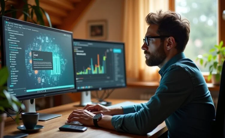 Ein helles, natürlich beleuchtetes Büro mit einem leidenschaftlich konzentrierten Entwickler, der an mehreren Bildschirmen mit moderner, KI-basierter Software arbeitet, umgeben von freundlicher Atmosphäre und warmen Holztönen, die die innovative Zukunft der sprachgesteuerten Internetentwicklung einfühlsam widerspiegeln.