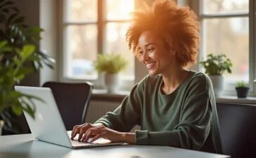 Ein hell erleuchtetes, modernes Büro mit freundlich lächelnder Person vor einem Laptop, die konzentriert kreative und produktive Ideen mit digitalen Tools und Musik-Apps ganz natürlich im warmen Tageslicht umsetzt.