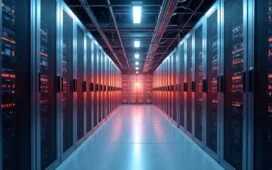 Ein warm beleuchtetes Hightech-Rechenzentrum mit modernen Serverracks und modularem Equipment, das in klaren, natürlichen Farben die Innovation und Energieeffizienz der Cisco Silicon One P200 Routing-Technologie in einem einladenden, zukunftsweisenden Umfeld verkörpert.