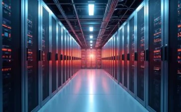 Ein warm beleuchtetes Hightech-Rechenzentrum mit modernen Serverracks und modularem Equipment, das in klaren, natürlichen Farben die Innovation und Energieeffizienz der Cisco Silicon One P200 Routing-Technologie in einem einladenden, zukunftsweisenden Umfeld verkörpert.