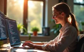 Ein sonnendurchflutetes, modernes Entwickler-Büro mit einer freundlichen Programmiererin, die konzentriert an ihrem Laptop arbeitet, während auf dem Bildschirm ein komplexer Code-Editor im hellen, natürlichen Licht zu sehen ist und im Hintergrund kollegiale Zusammenarbeit und kreative Energie spürbar sind.